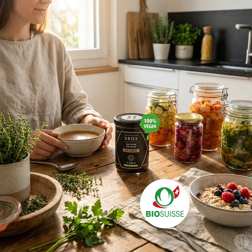 Sanftes Biohacking im Alltag mit Fokus auf Darmgesundheit, eine Person in heller Küche mit einer Tasse Brühe, fermentiertes Gemüse, frische Kräuter, natürliches Morgenlicht, warme Farben, realistische Texturen, no text