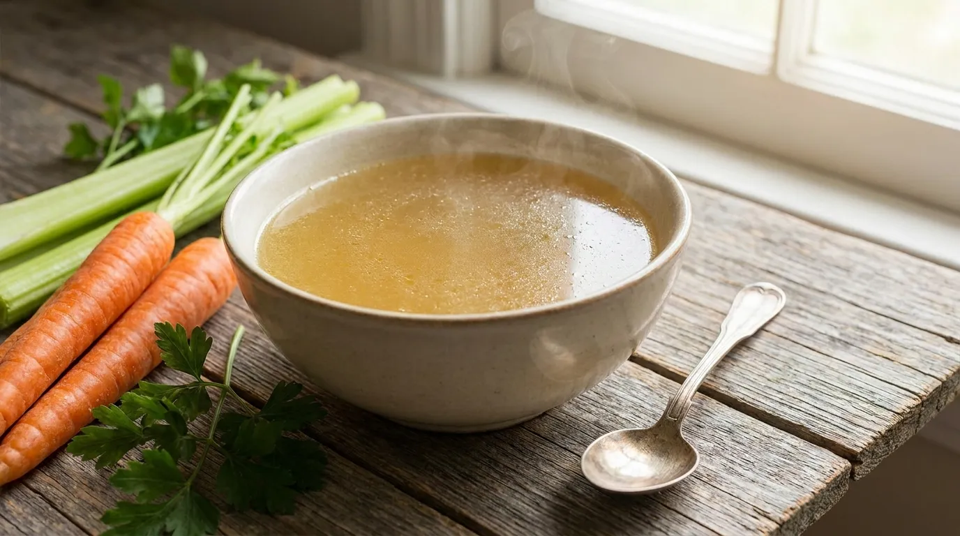 Schale mit klarer Bio-Knochenbrühe neben Gemüse und Kräutern