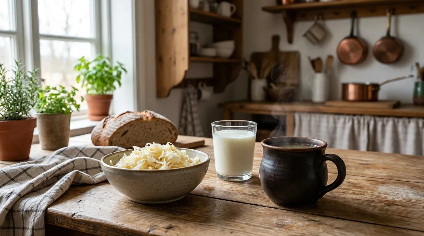 Schale mit Sauerkraut, Kefir und einer Tasse Knochenbrühe auf einem Holztisch