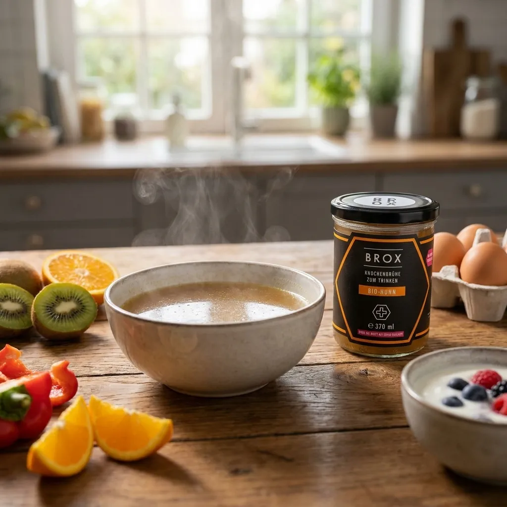 Tasse mit goldener Knochenbrühe neben Zitrusfrüchten, Beeren und proteinreichen Lebensmitteln auf einem hellen Küchentisch