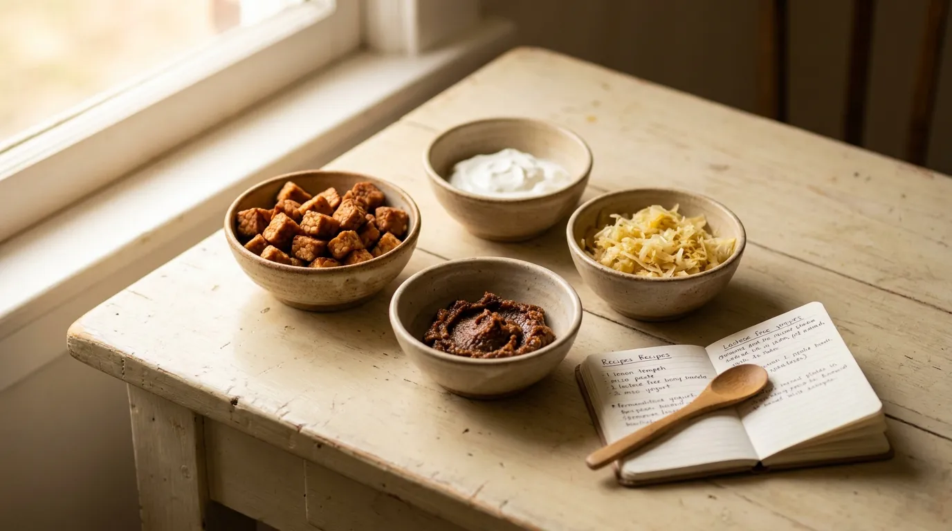 Verschiedene fermentierte Lebensmittel in kleinen Schalen auf einem hellen Küchentisch, darunter Tempeh, Joghurt, Miso und etwas Sauerkraut, natürliche Beleuchtung, ruhige Gesundheitsküche, realistische Texturen, kein Text