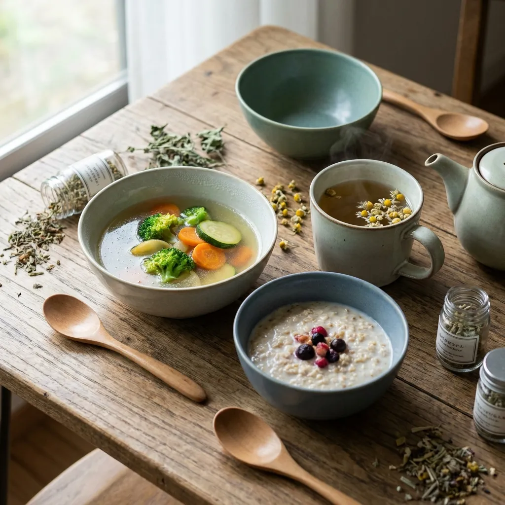 Warme, darmfreundliche Mahlzeit auf Holztisch