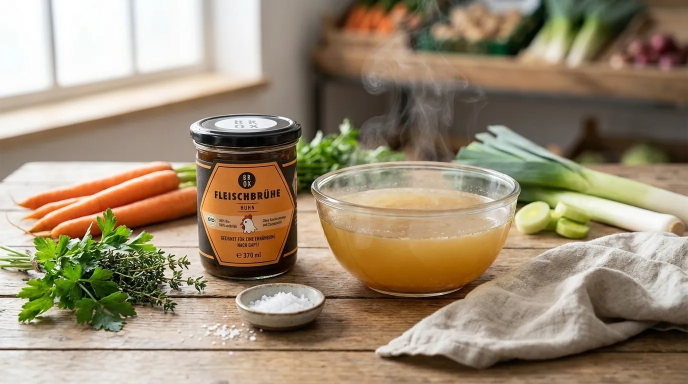 Warme Hühnerbrühe in einem Glas auf Holztisch, daneben Karotten, Kräuter und ein Löffel, ruhige Küchenatmosphäre mit natürlichem Licht, sanfte Farben, appetitlich und hochwertig, no text