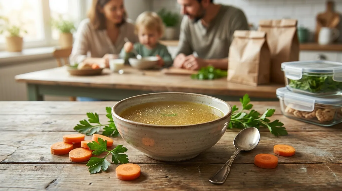 Warme Knochenbrühe als Teil einer Familienmahlzeit