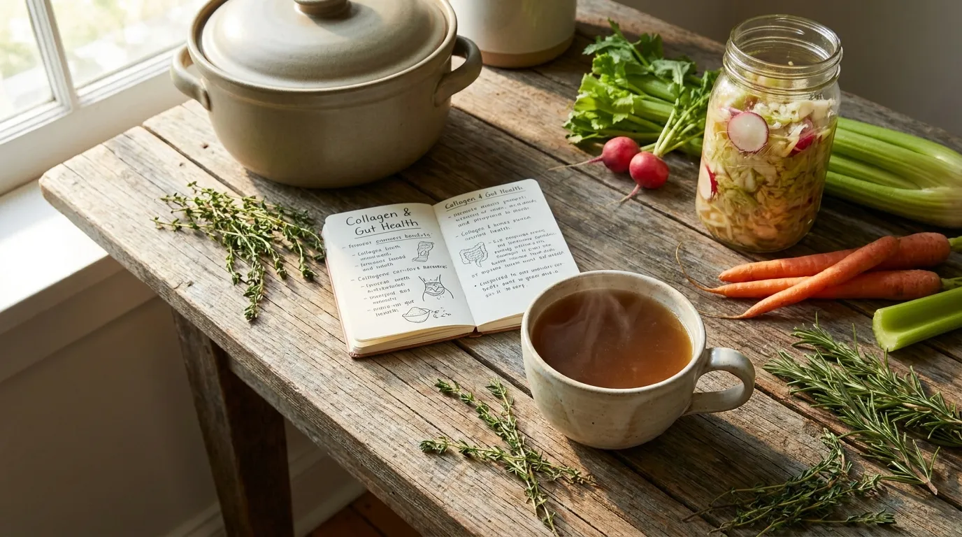 Warme Knochenbrühe in einer Keramiktasse auf einem Holztisch, daneben frisches Gemüse, Kräuter und ein Glas fermentiertes Gemüse in einer hellen Küche, natürliches Morgenlicht, realistische Texturen, ruhige gesunde Atmosphäre, no text
