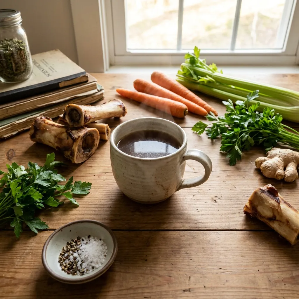 Warme Knochenbrühe in einer Keramiktasse auf einem Holztisch, daneben Rinderknochen, frische Kräuter, Ingwer und Gemüse, natürliche Küchenatmosphäre, weiches Tageslicht, realistische Texturen, no text