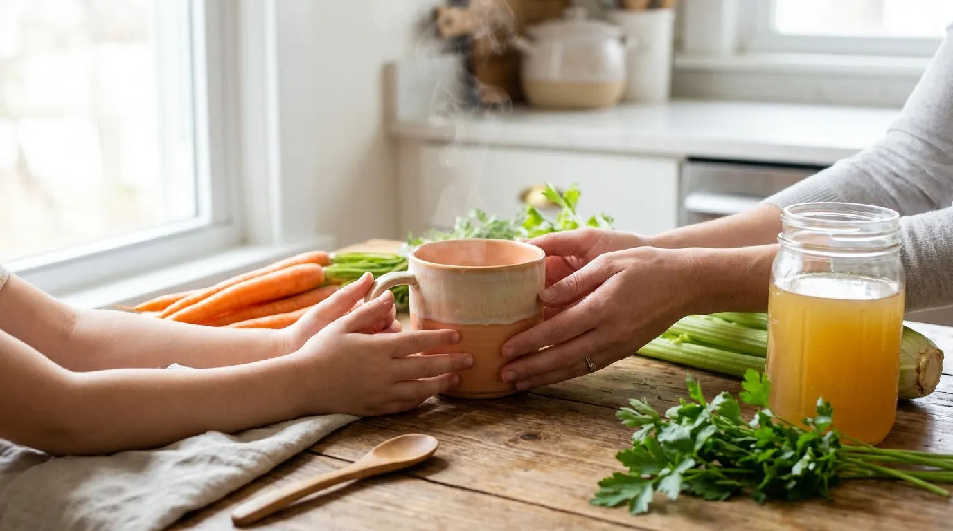 Warme Knochenbrühe in einer Keramiktasse auf einem Holztisch, daneben frische Kräuter, Gemüse und ein schlicht gedeckter Küchenhintergrund mit natürlichem Tageslicht, realistische Texturen, ruhige gesundheitsorientierte Stimmung, kein Text