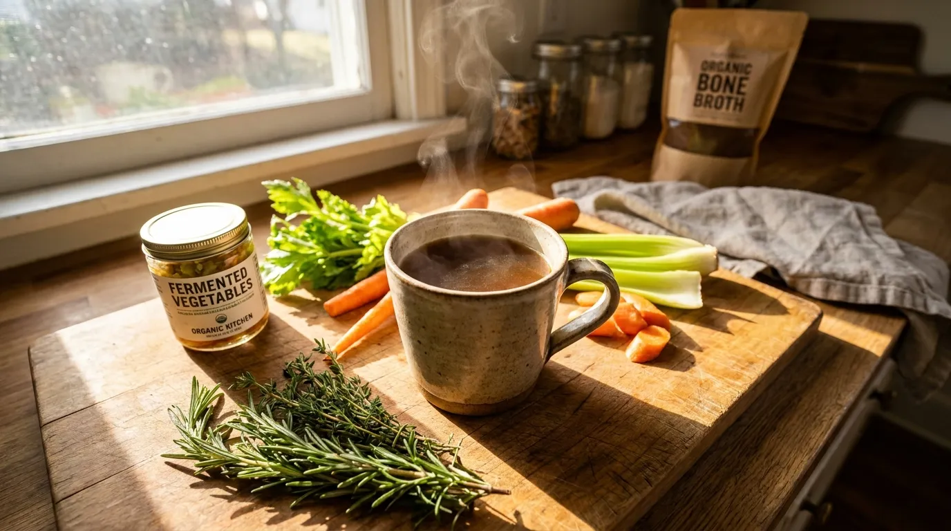 Warme Knochenbrühe in einer Keramiktasse neben Gemüse und fermentierten Lebensmitteln auf einem Holztisch