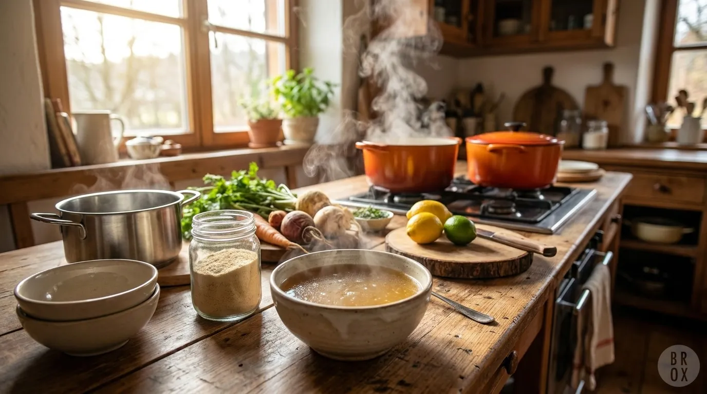 Warme Knochenbrühe in einer modernen Familienküche