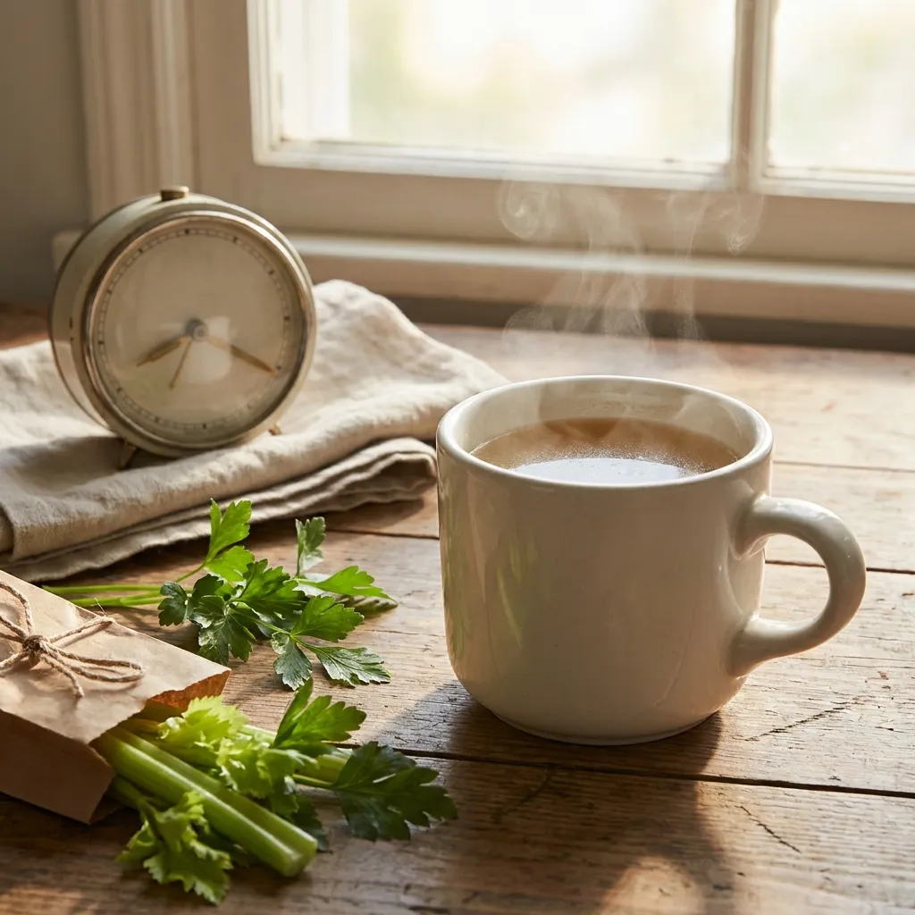 Warme Knochenbrühe in einer schlichten Keramiktasse auf einem Holztisch, daneben eine Uhr, frische Kräuter und natürliches Morgenlicht, ruhige Gesundheitsroutine, realistische Texturen, kein Text