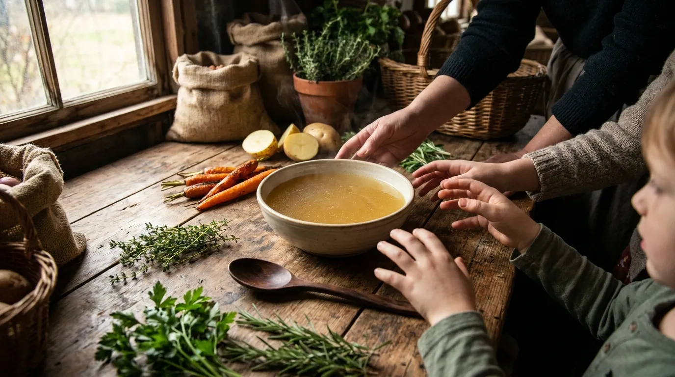 Warme Knochenbrühe mit schonenden Zutaten in einer hellen Küche