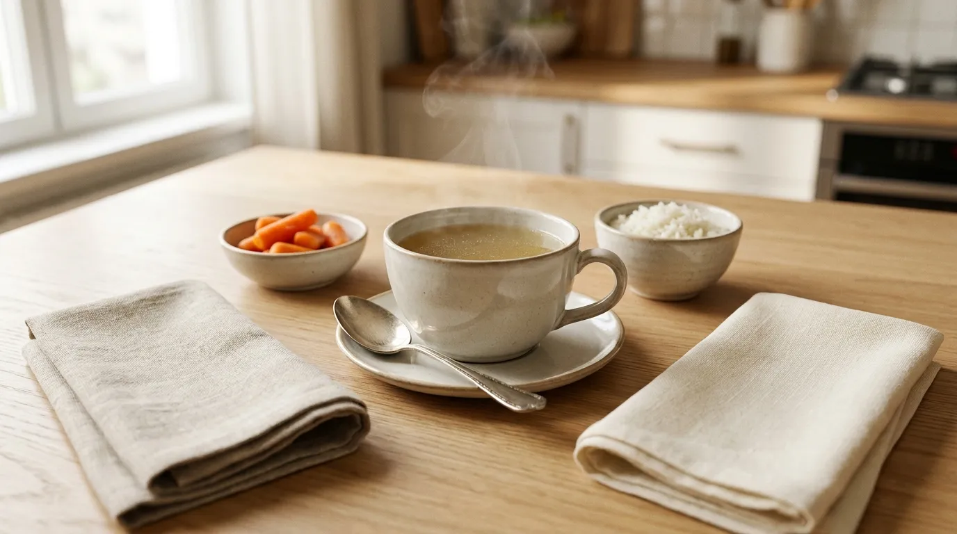 Warme milde Knochenbrühe in einer schlichten Keramiktasse auf einem hellen Holztisch