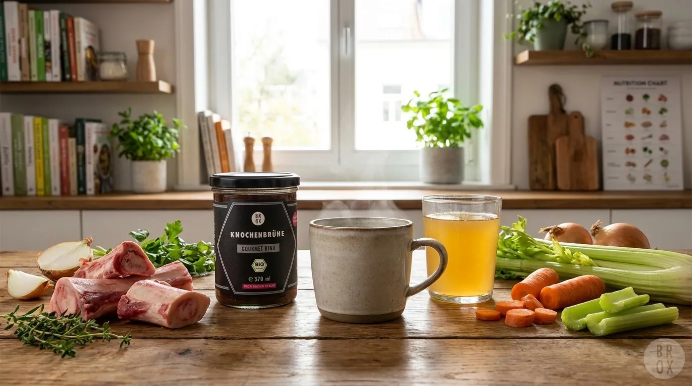 Warme Rinder-Knochenbrühe in einer Keramiktasse auf Holztisch, daneben Markknochen, Wurzelgemüse, frische Kräuter und ein Glas mit goldener Brühe, natürliches Fensterlicht, ruhige Küchenatmosphäre, realistische Texturen, kein Text