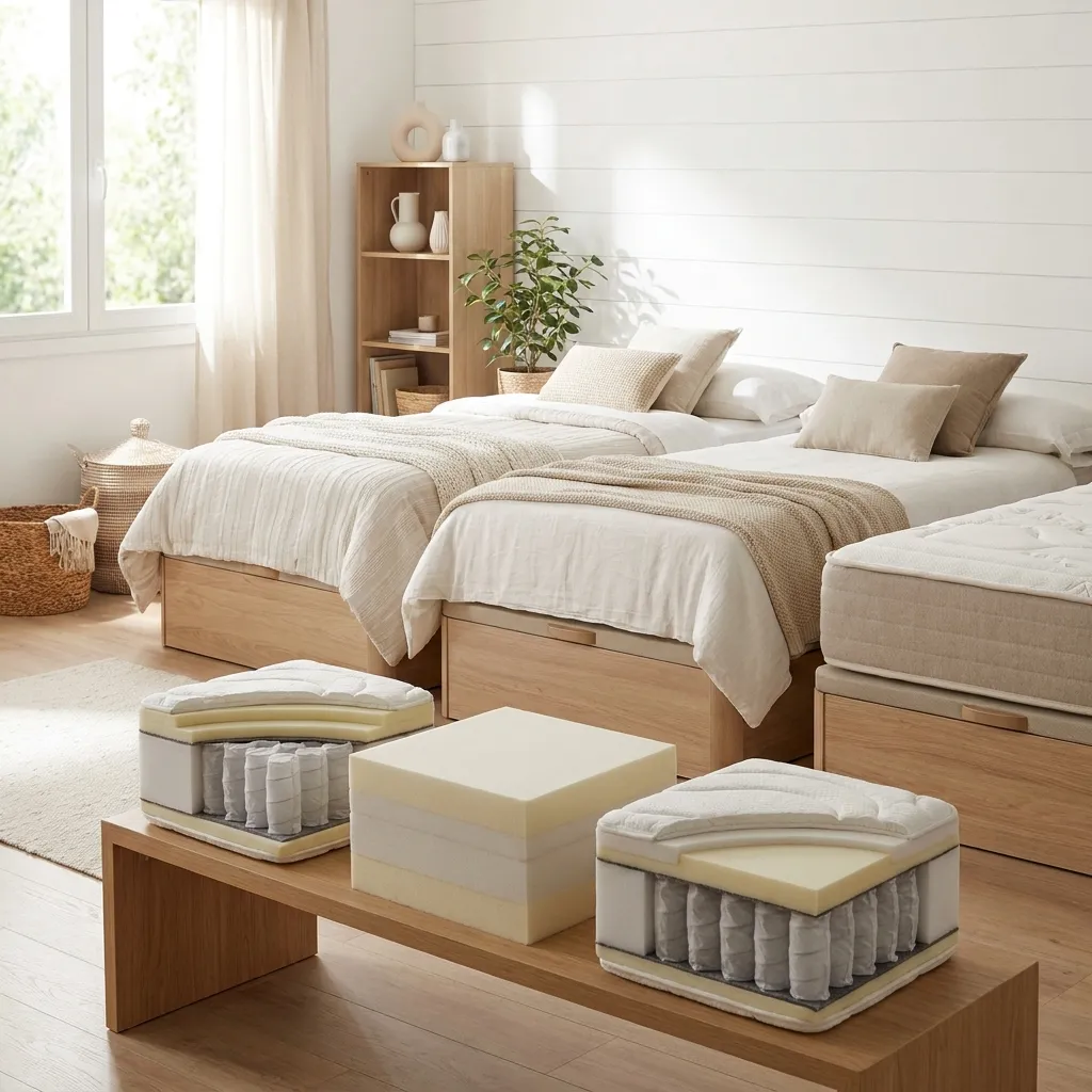Comparativa visual de colchón de muelles ensacados, viscoelástico e híbrido en un dormitorio luminoso