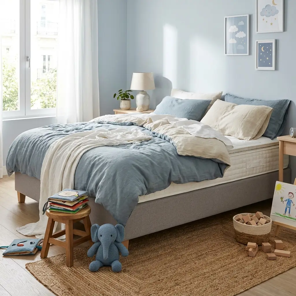 Dormitorio moderno con colchón de tamaño matrimonial y base tapizada, ambiente luminoso y neutro