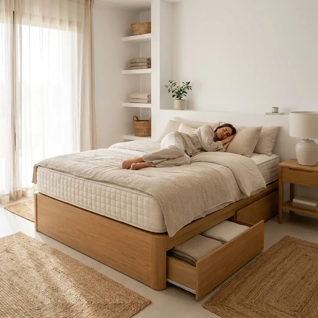 Persona descansando de lado sobre un colchón con buen soporte lumbar en dormitorio luminoso, cama moderna, tejido acolchado transpirable, ambiente sereno, iluminación natural, texturas realistas, sin texto