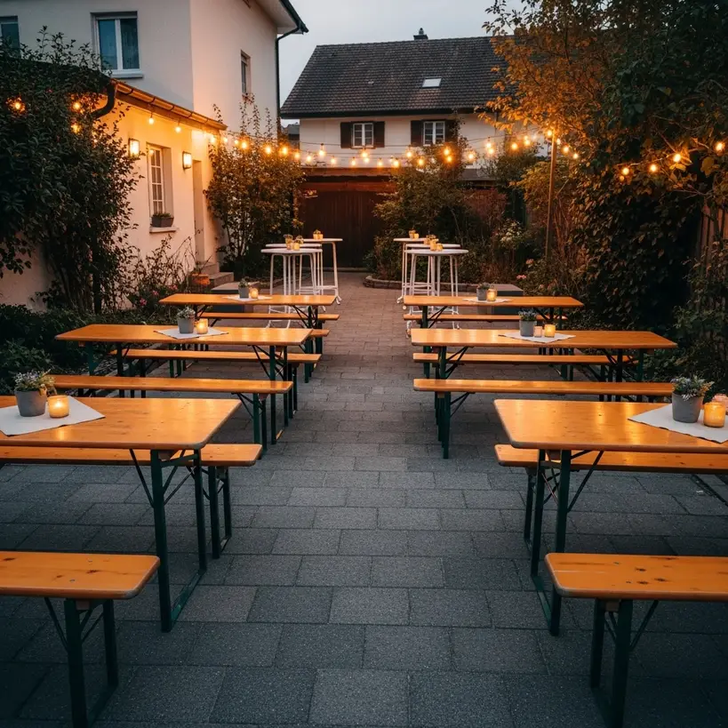 Aufbau einer privaten Feier mit Festbänken und Stehtischen