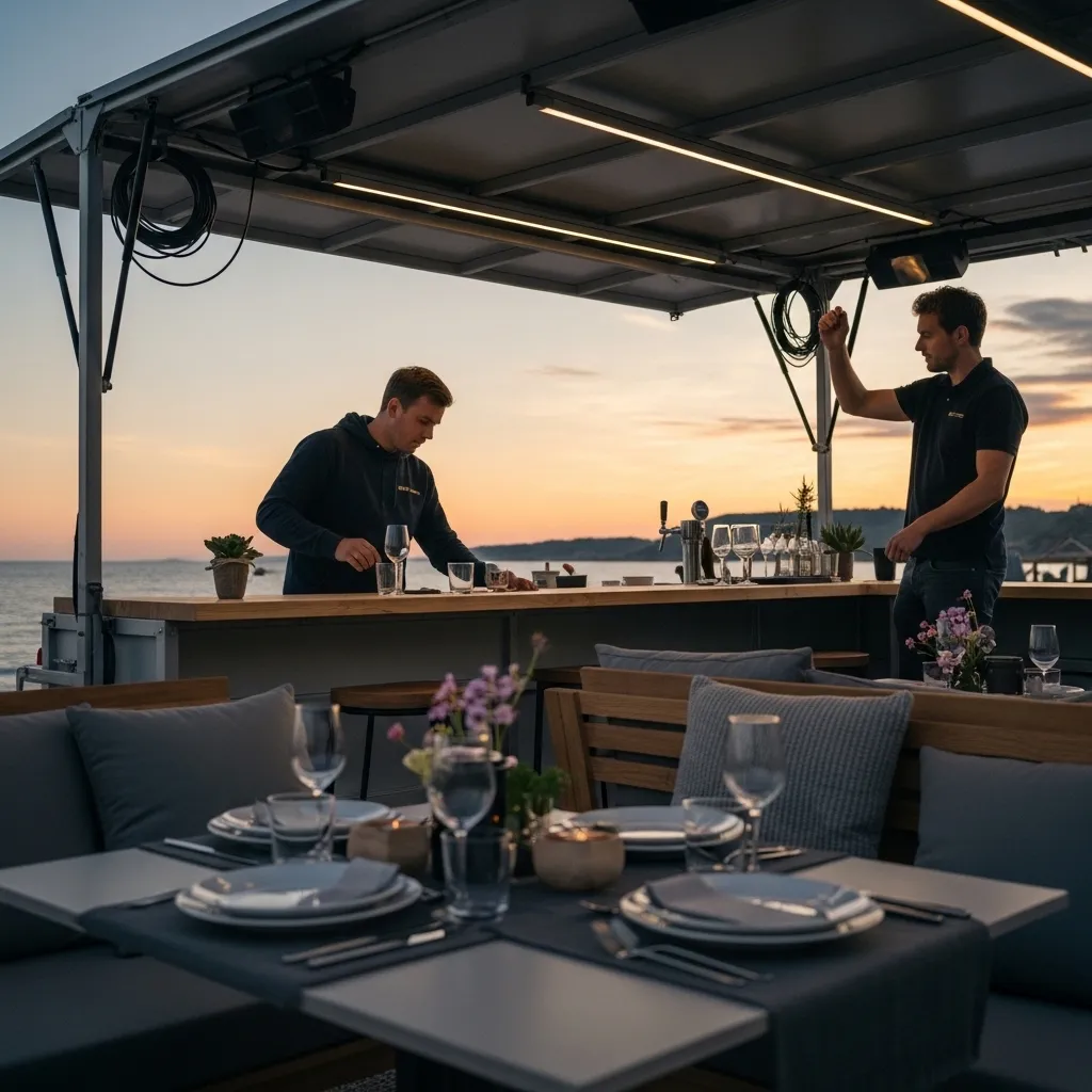 Aufbau eines Events mit Licht, Bar und Sitzbereich