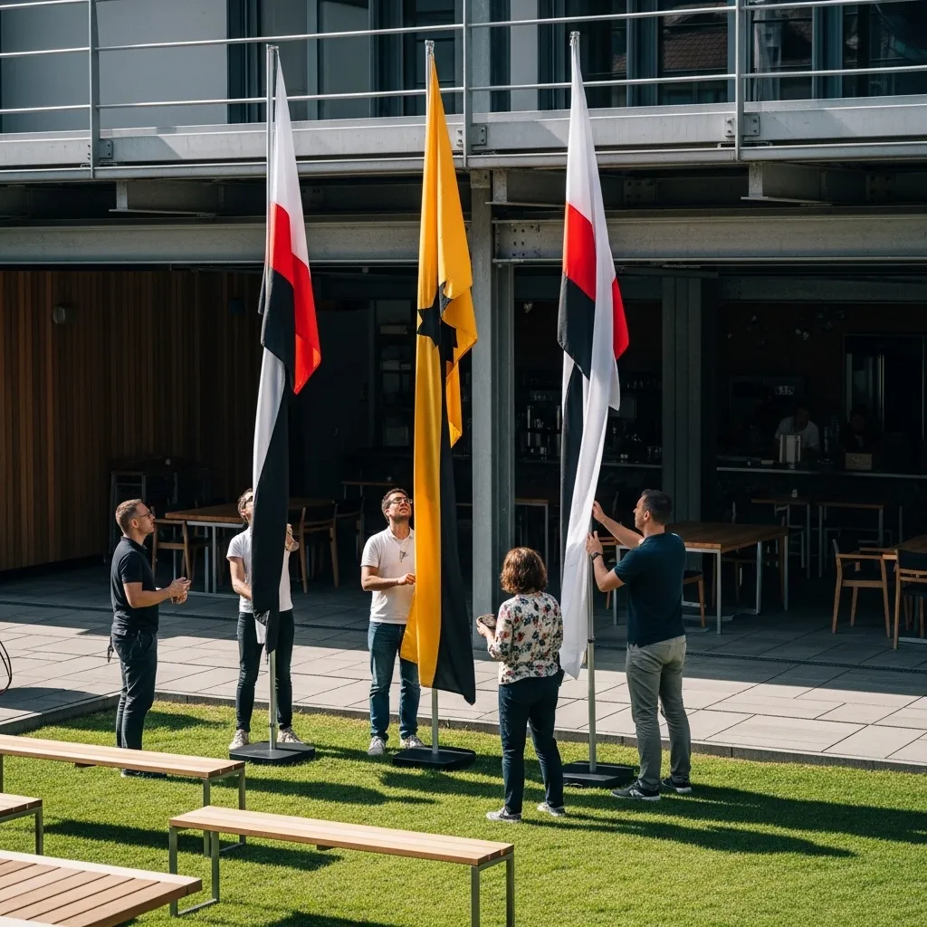 Aufbau von Bali-Fahnen für ein Firmenevent