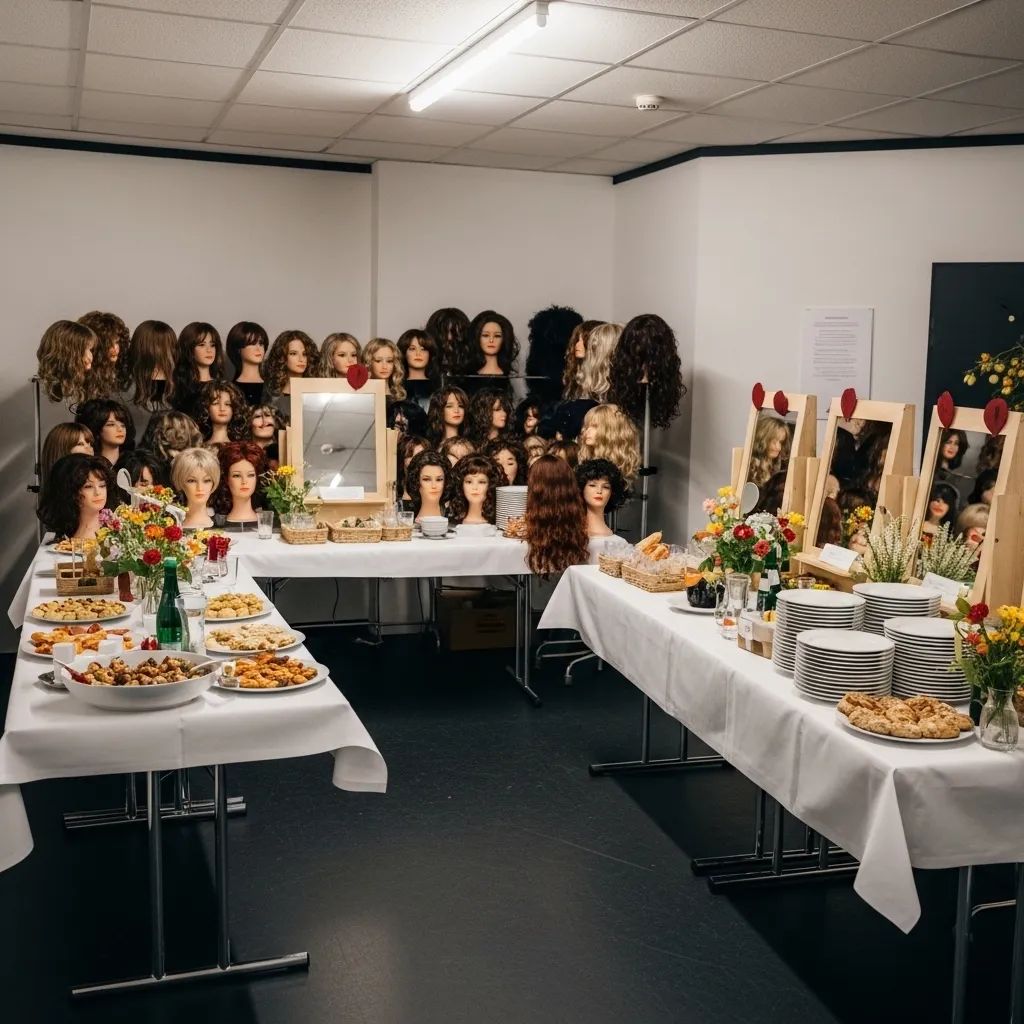 Backstage-Bereich mit sortierten Theater-Perücken