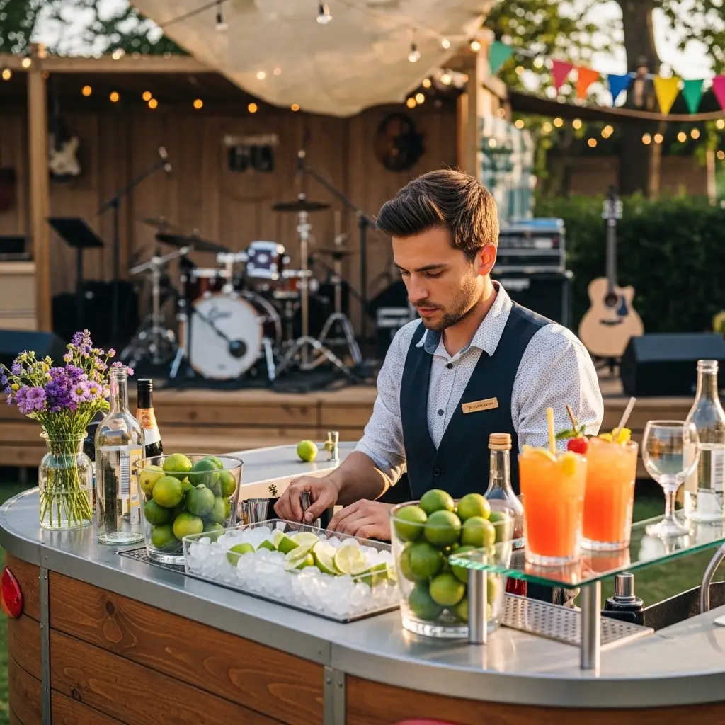 Bar für Gartenparty mieten 2 Barkeeper bereitet Cocktails an einer Outdoor-Bar vor