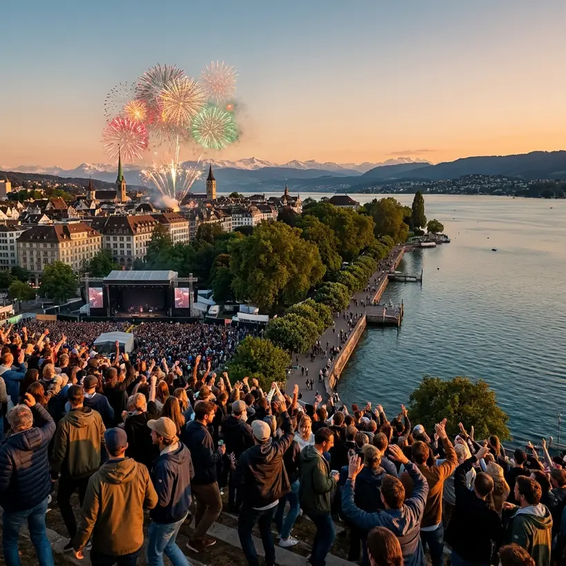 Blick über den Zürichsee mit Uferpromenade und Altstadt im warmen Tageslicht
