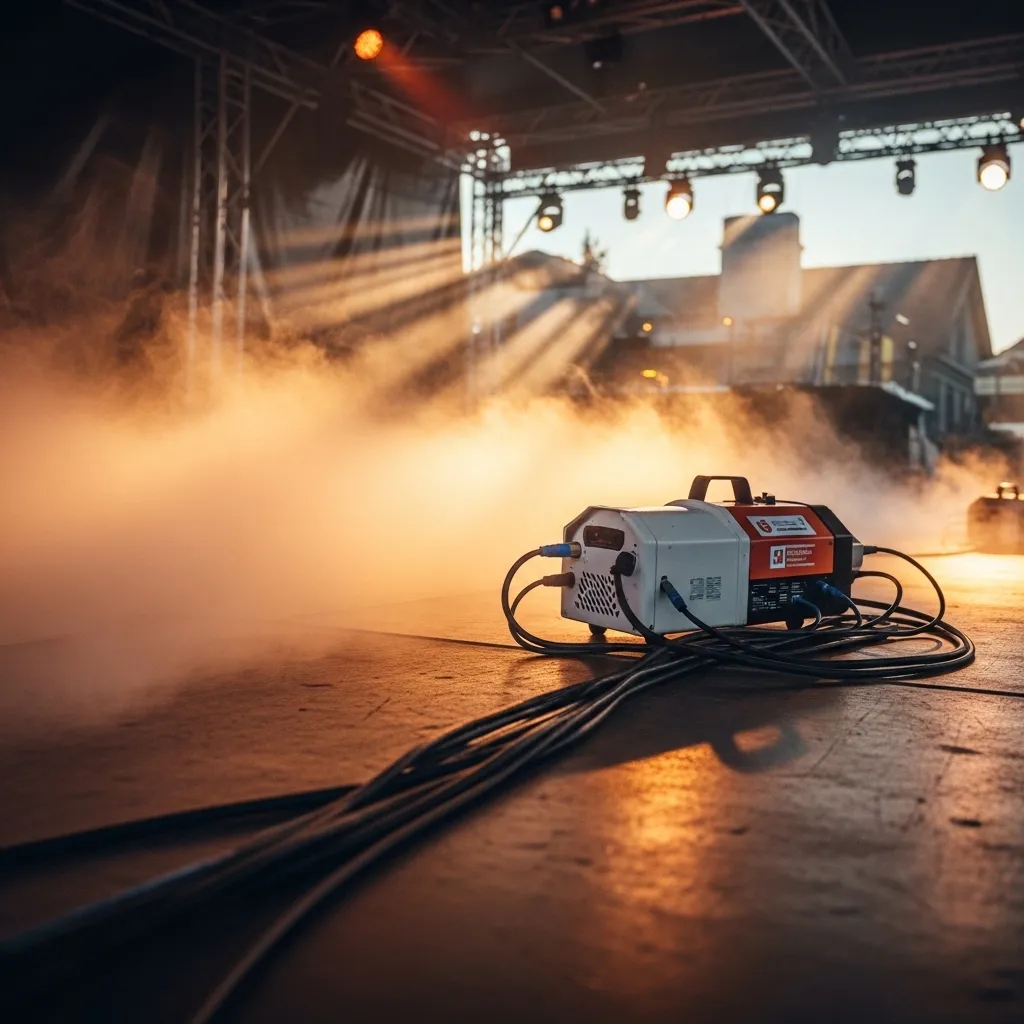 Bodennebel auf einer Festivalbühne im Abendlicht