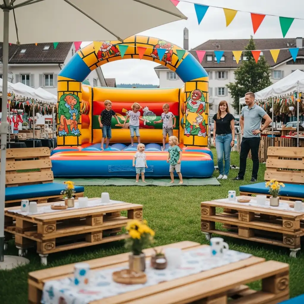 Hüpfburg mieten für Events & Firmenanlässe 2 Bunte Hüpfburg auf einem Schweizer Vereinsfest