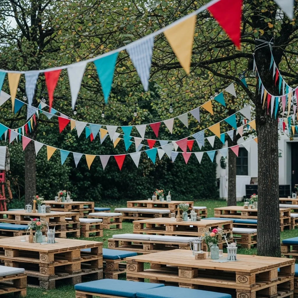 Bunte Wimpelketten über einer Gartenfeier in Zürich