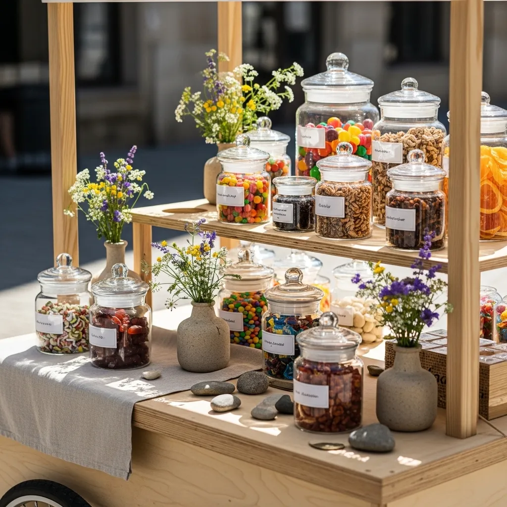 Candywagen mit Glasbehältern und nachhaltiger Dekoration