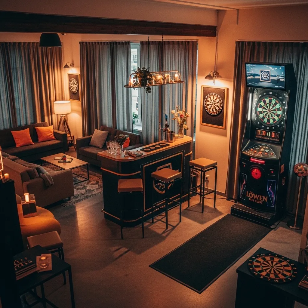 Dartbereich neben Bar und Lounge bei einer Firmenfeier