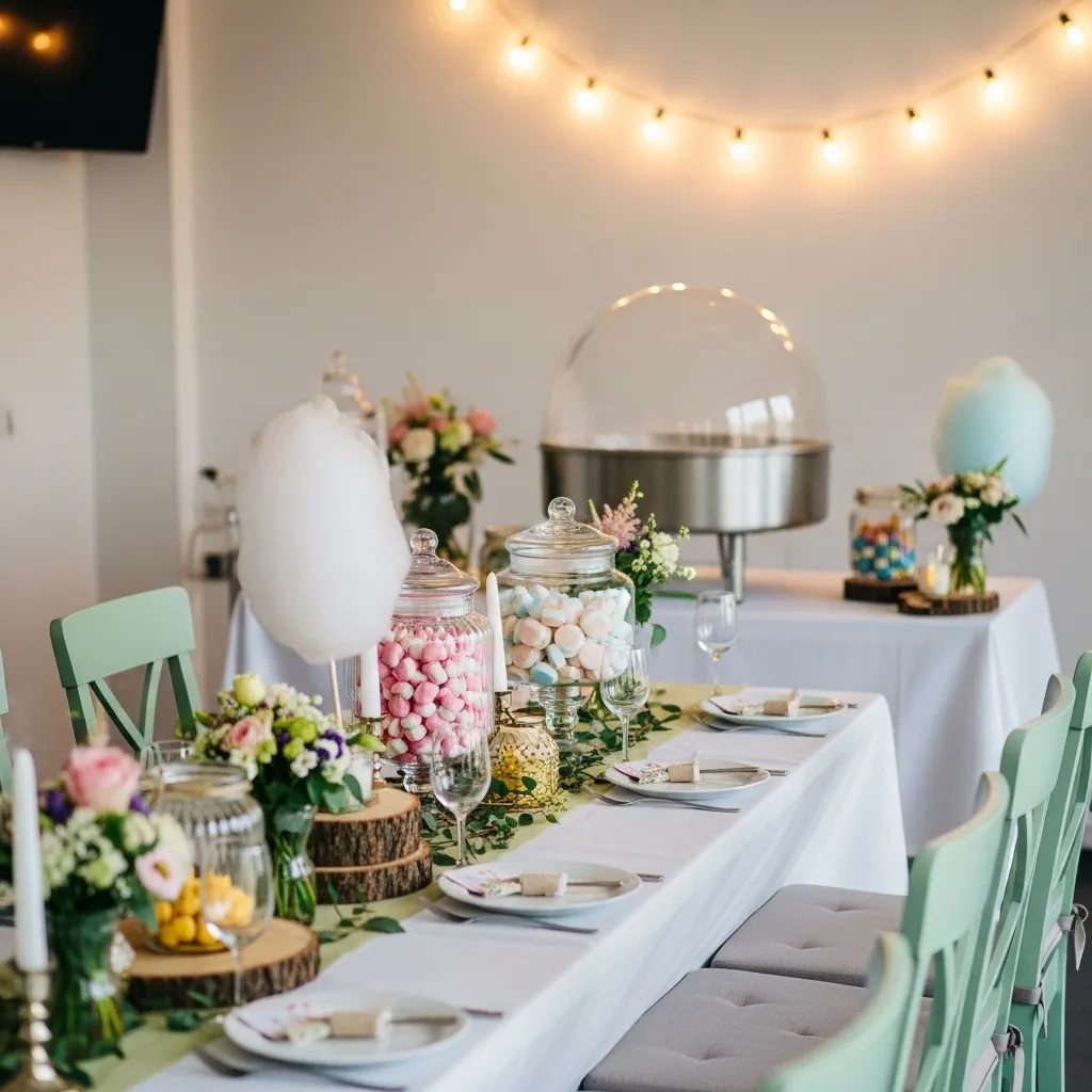 Dekorierte Candy-Bar mit Zuckerwatte und Lichterkette