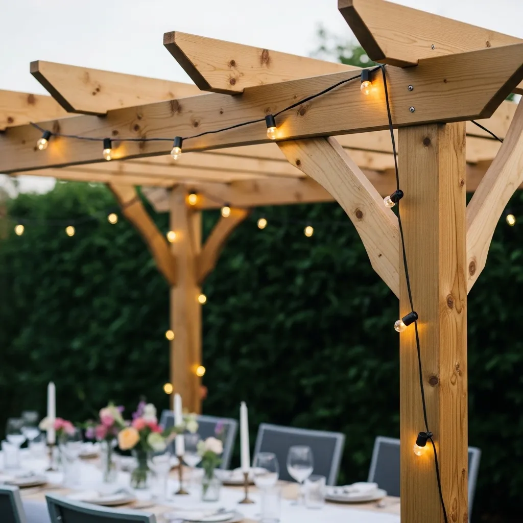 Detailaufnahme einer wetterfesten LED-Lichterkette an einer Pergola mit Holztisch und Gläsern