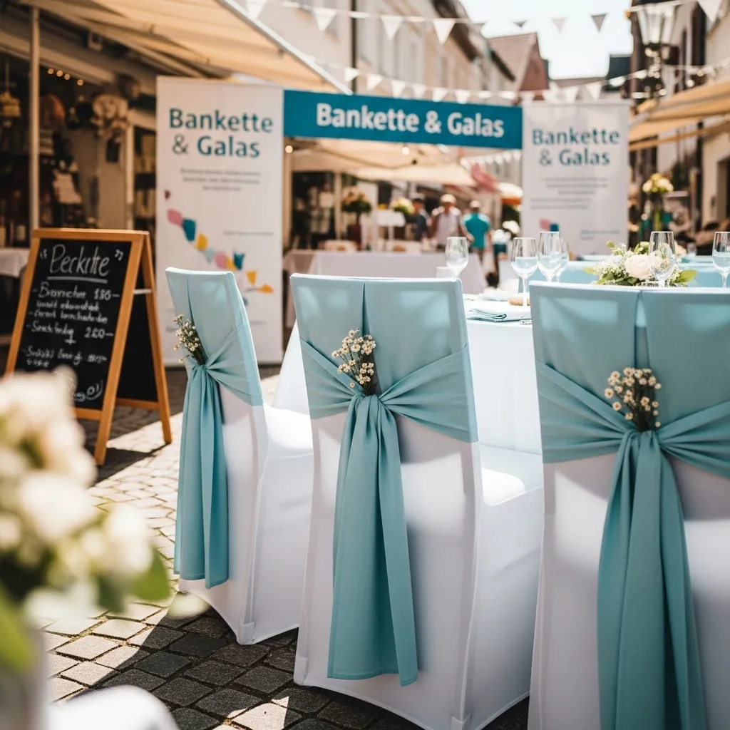 Stuhlhussen Hellblau mieten: Checkliste für Galas 3 Detailaufnahme hellblaue Stuhlhussen bei Hochzeitsbankett