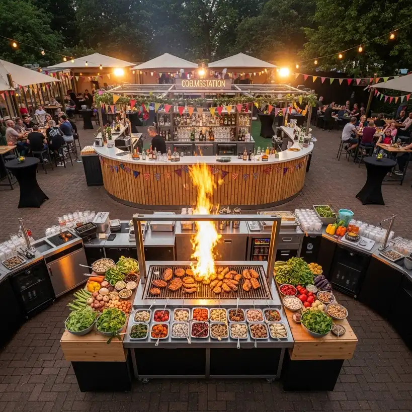 Detailaufnahme von Grillgut und vegetarischen Optionen auf einem Event