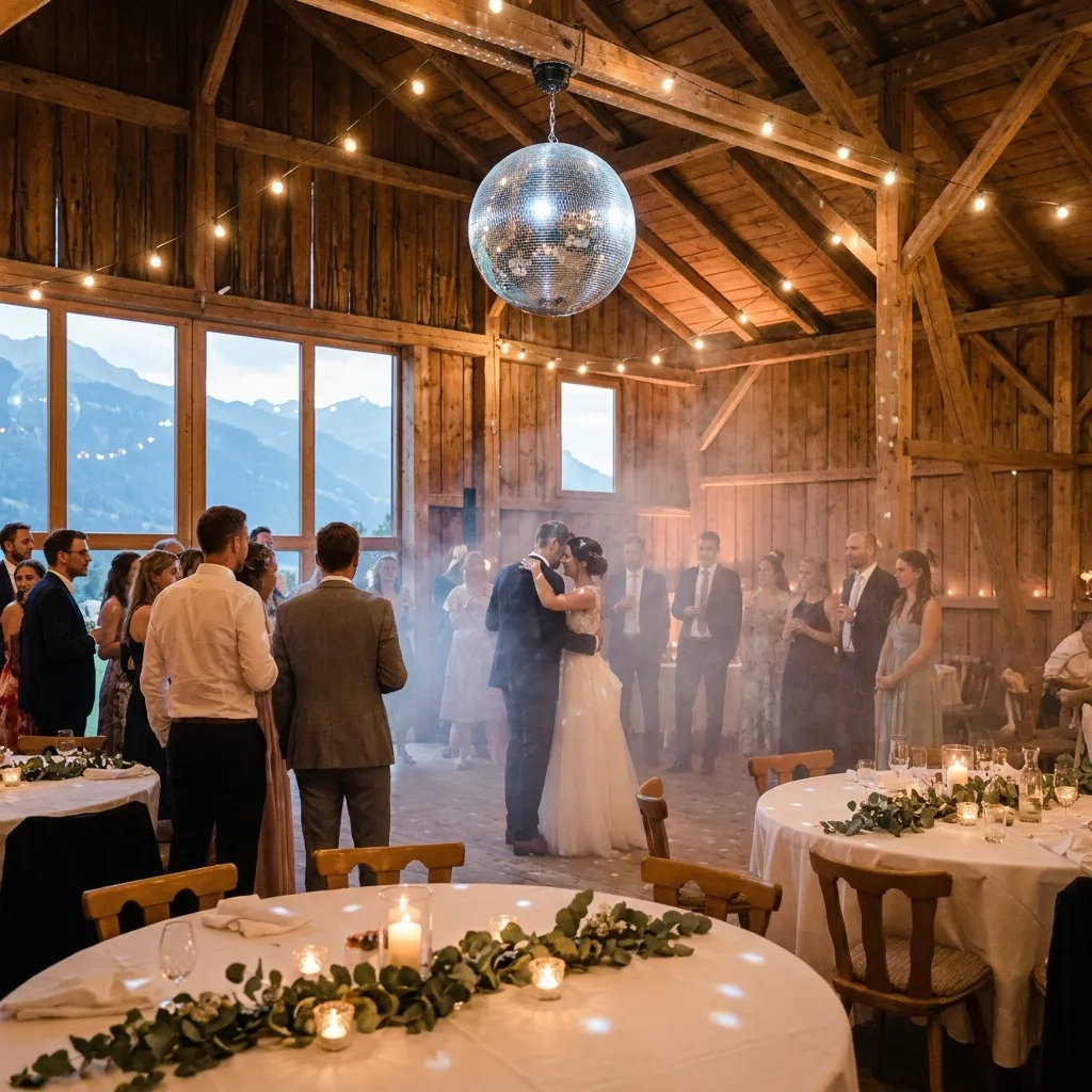 Discokugel über Tanzfläche bei Hochzeit