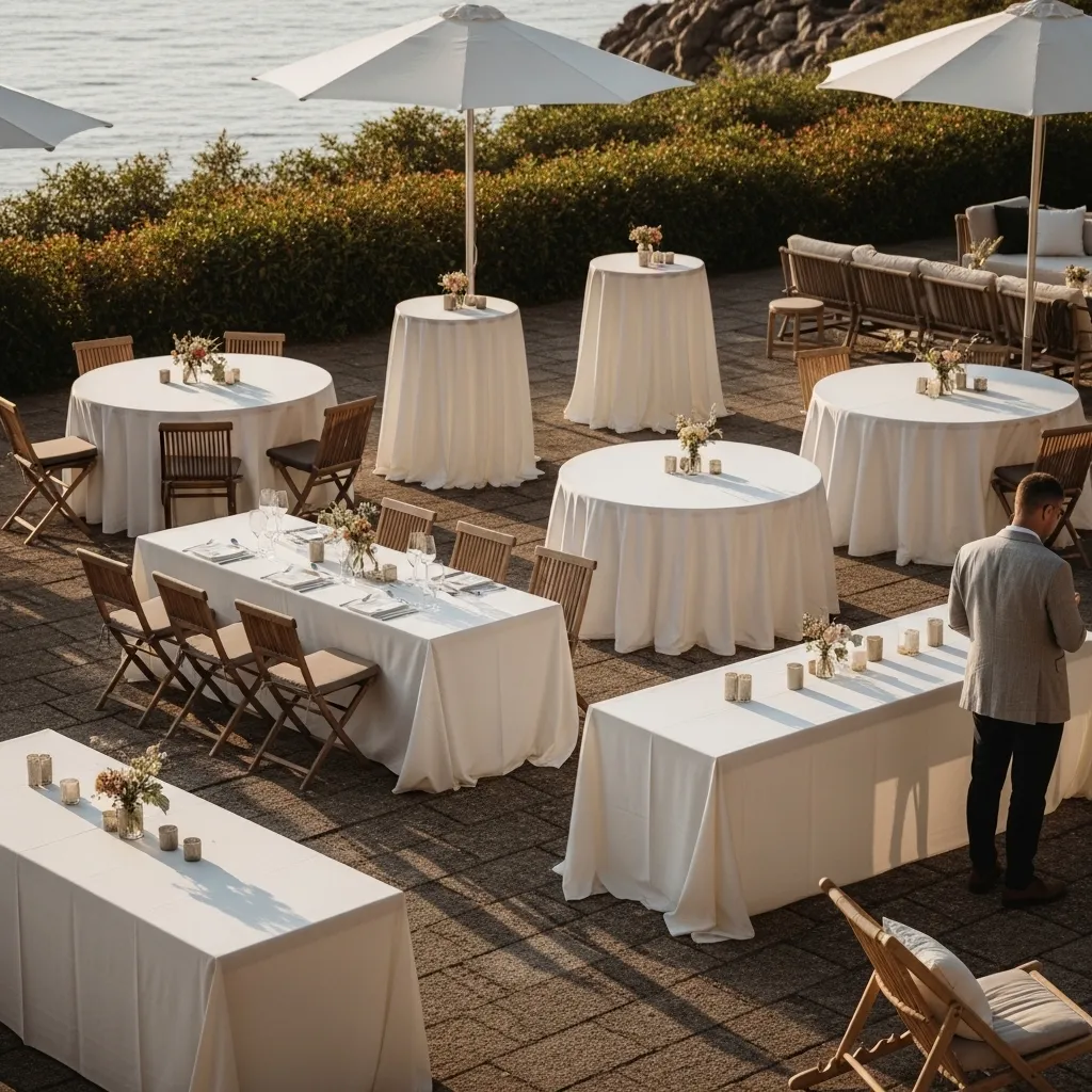 Elegant eingedeckte Eventtische mit weissen Tischtüchern