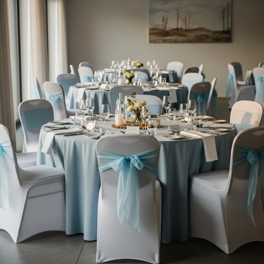 Stuhlhussen Hellblau mieten: Checkliste für Galas 2 Elegant eingedeckte Gala mit Stuhlhussen