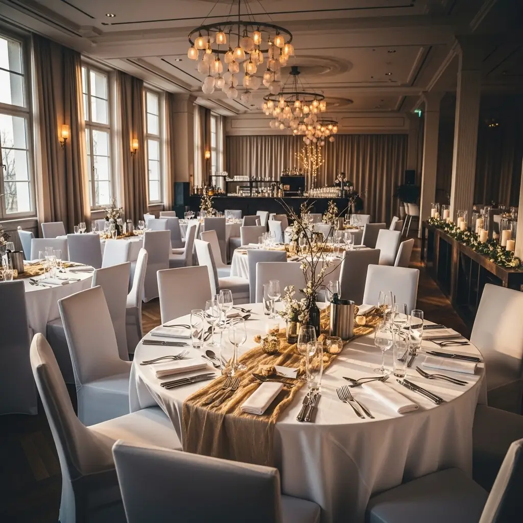 Elegant eingedeckter Gala-Saal mit runden Tischen und weißen Stuhlhussen