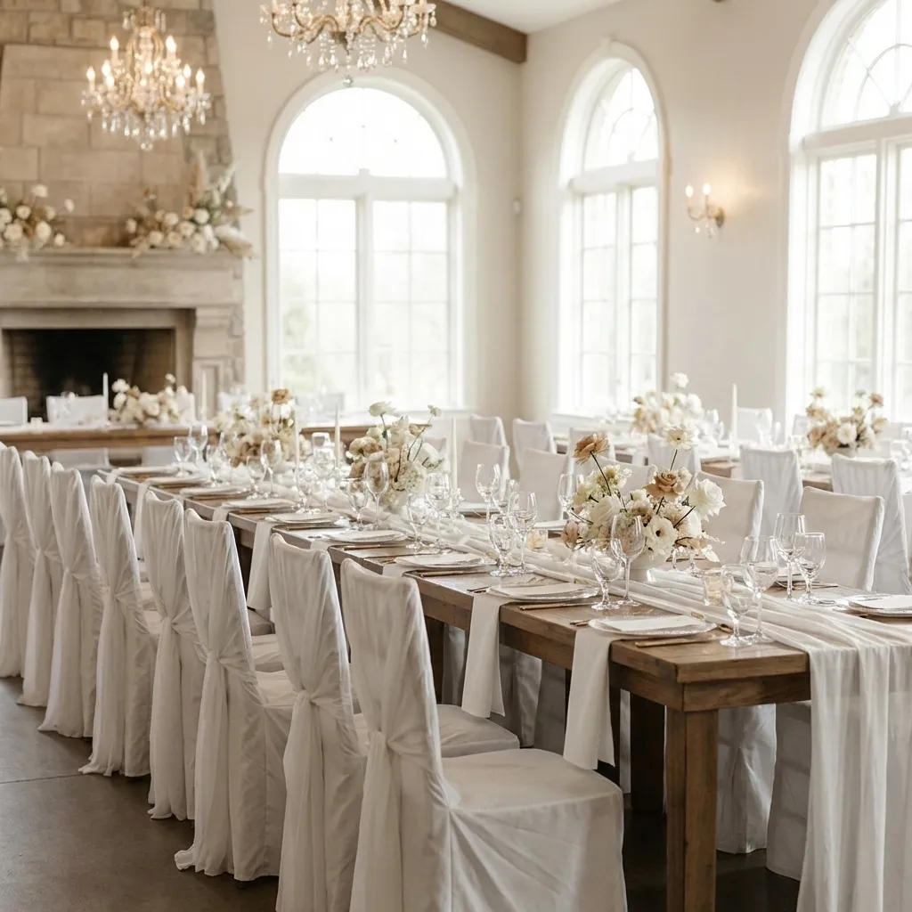 Elegant eingedeckter Hochzeitssaal mit weißen Stuhlhussen