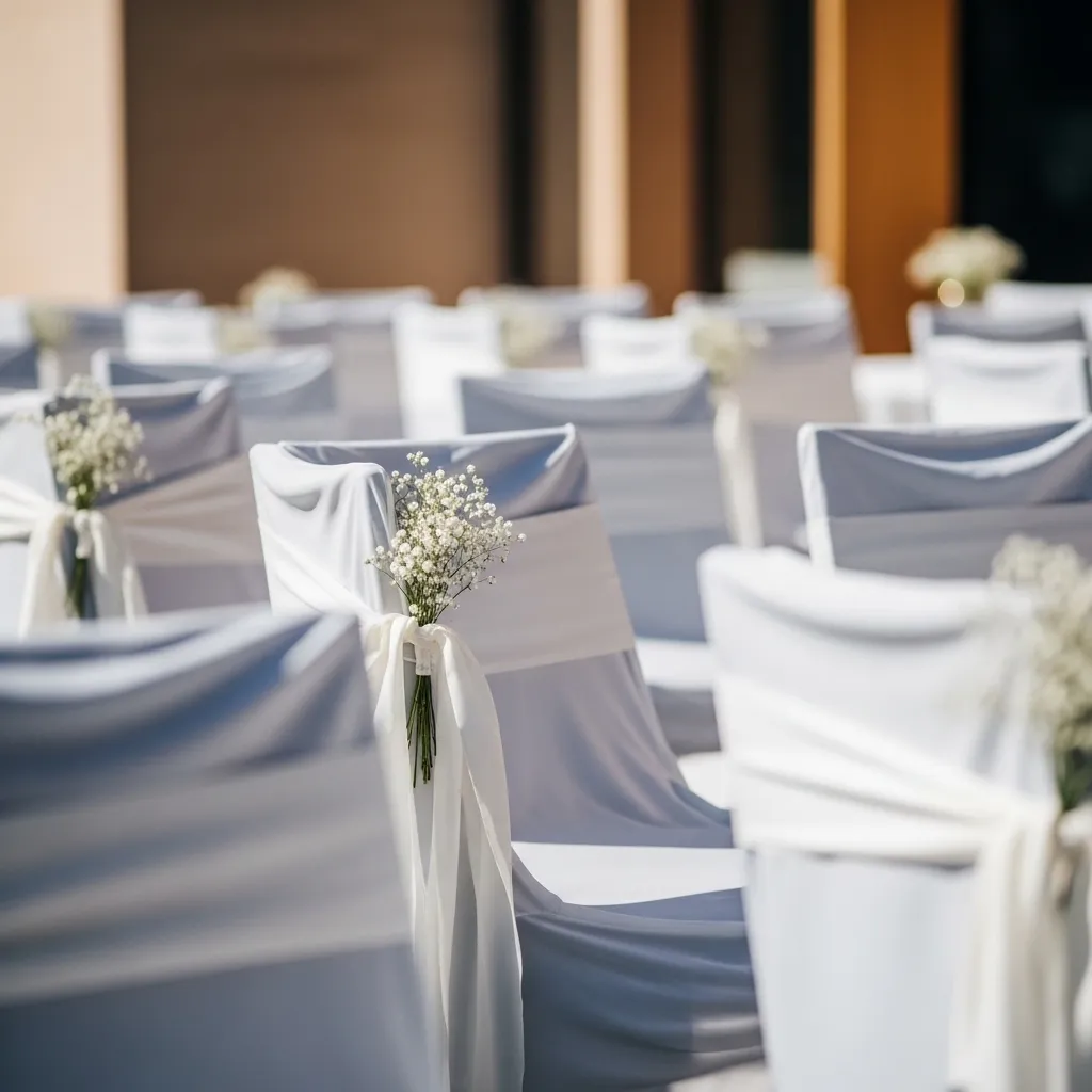 Elegant gedeckte Eventlocation mit weissen Stuhlhussen
