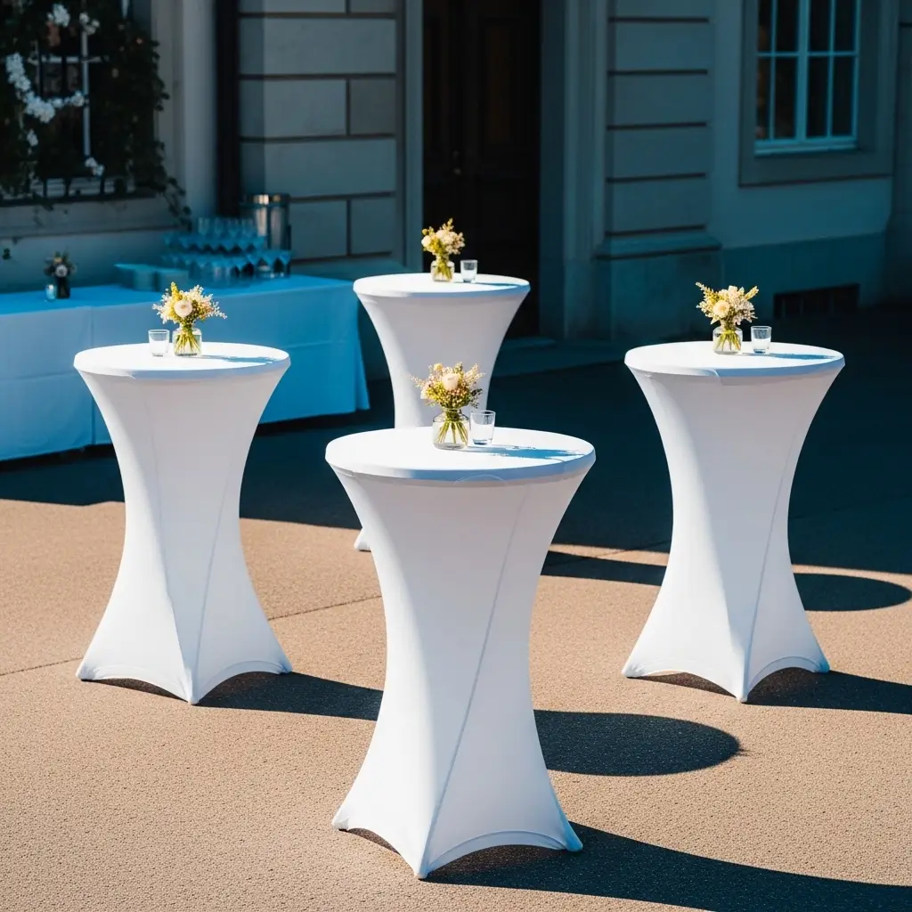 Elegant gedeckte Stehtische mit weissen Hussen bei einer Schweizer Hochzeit