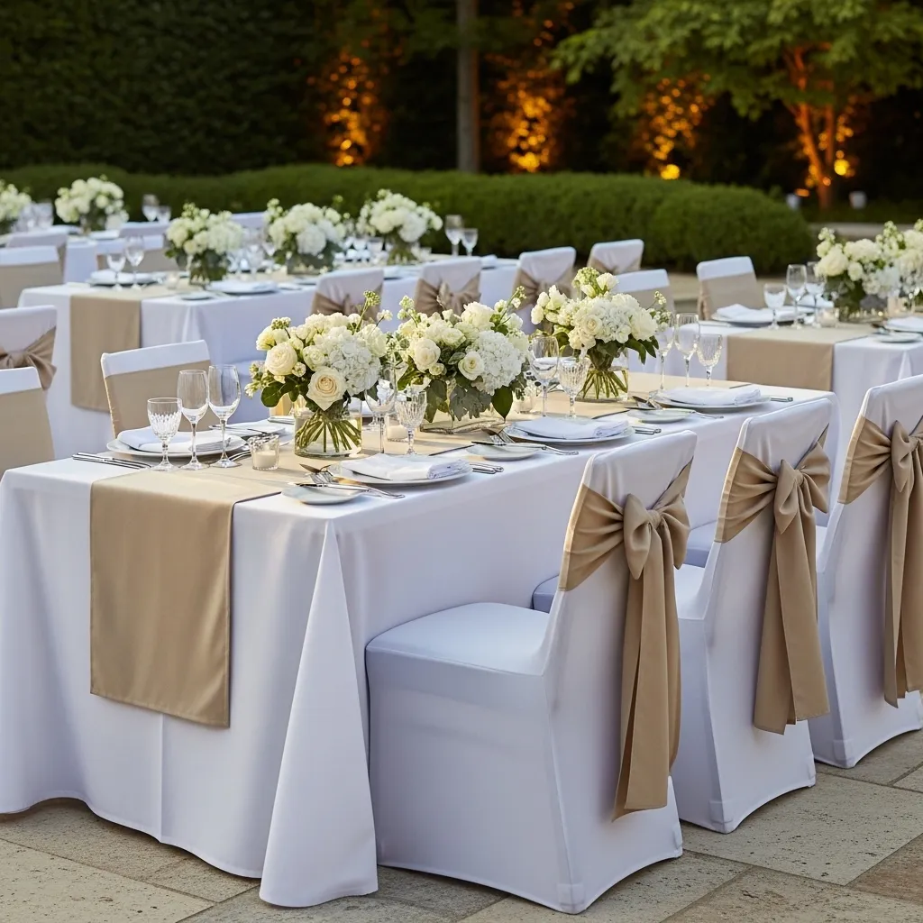 Hussen mieten Pflege & Einsatz 2 Elegante Eventtische mit Hussen