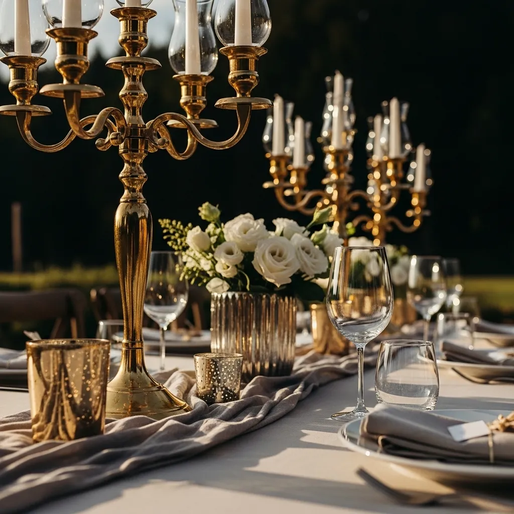 Elegante Kerzenständer mieten 2 Elegante Kerzenständer auf einer festlich gedeckten Hochzeitstafel