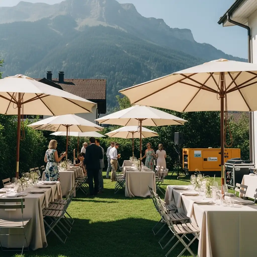 Warum Sonnenschirme mieten für Events so wichtig ist 2 Elegante Sonnenschirme bei einer Sommerhochzeit