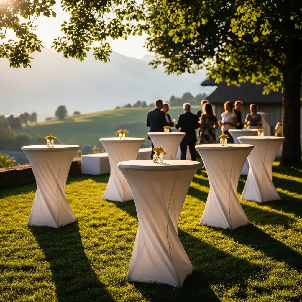 Elegante Stehtische mit Hussen auf einem Outdoor‑Event