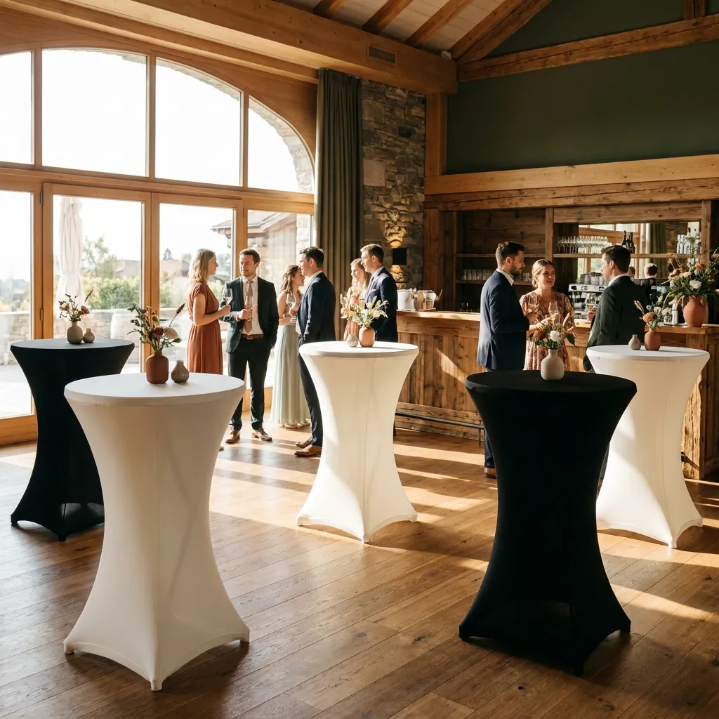 Elegante Stehtische mit weißen und schwarzen Hussen bei einem stilvollen Event
