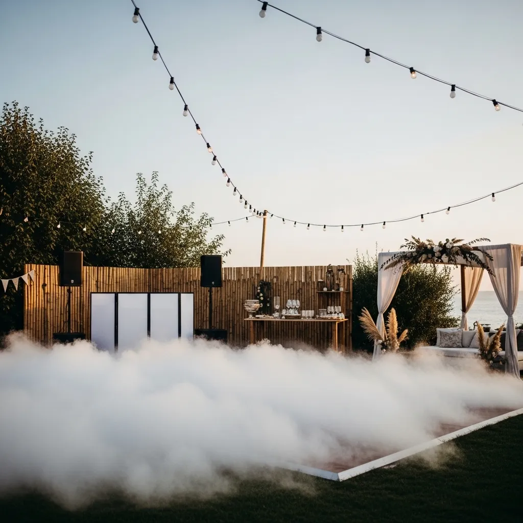 Eleganter Bodennebel bei einer Outdoor-Hochzeit am Abend