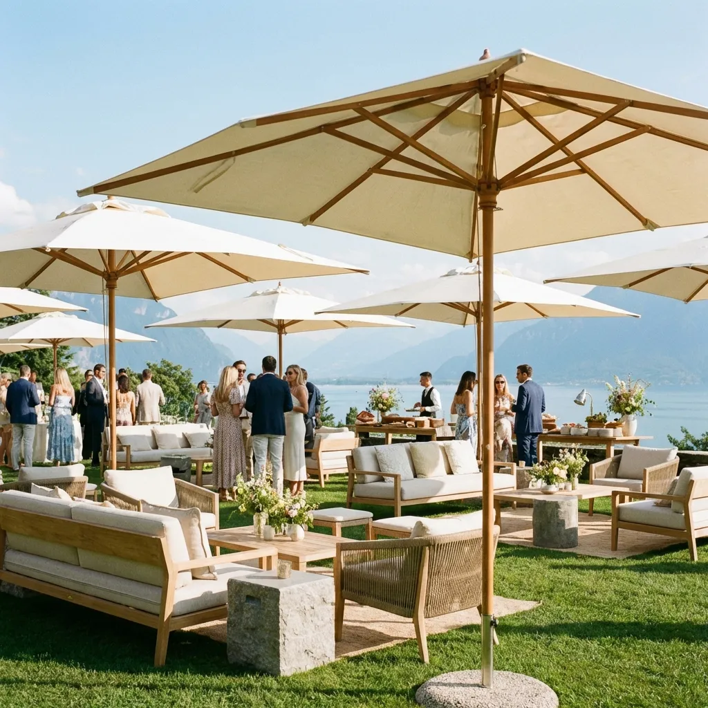 Eleganter Eventbereich mit Sonnenschirmen