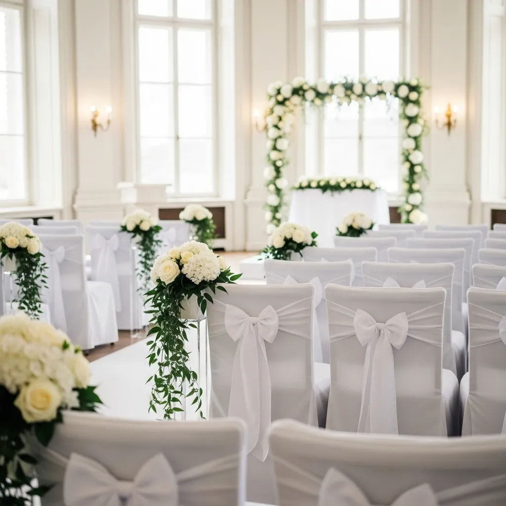 Eleganter Hochzeitssaal mit Stuhlhussen